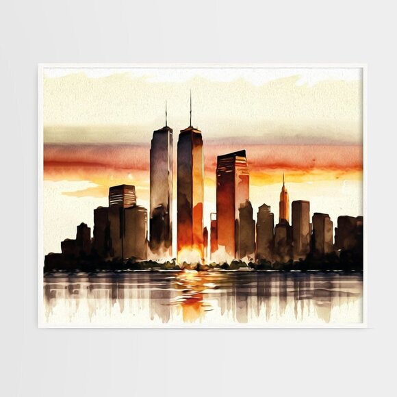 Twin Towers New York City Pre 911 Sunset Watercolor Oil Painting‎ Art Pri… - Picture 1 of 6